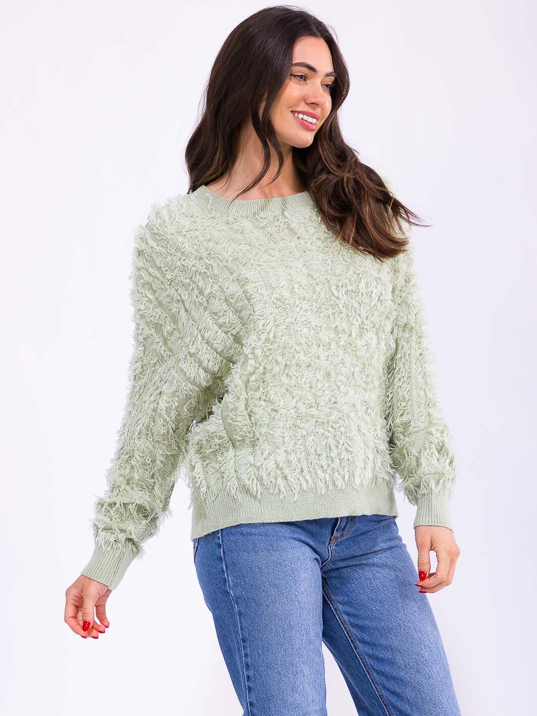 WOMEN'S LONG SLEEVE FUZZY DETAILED PULLOVER SWEATER