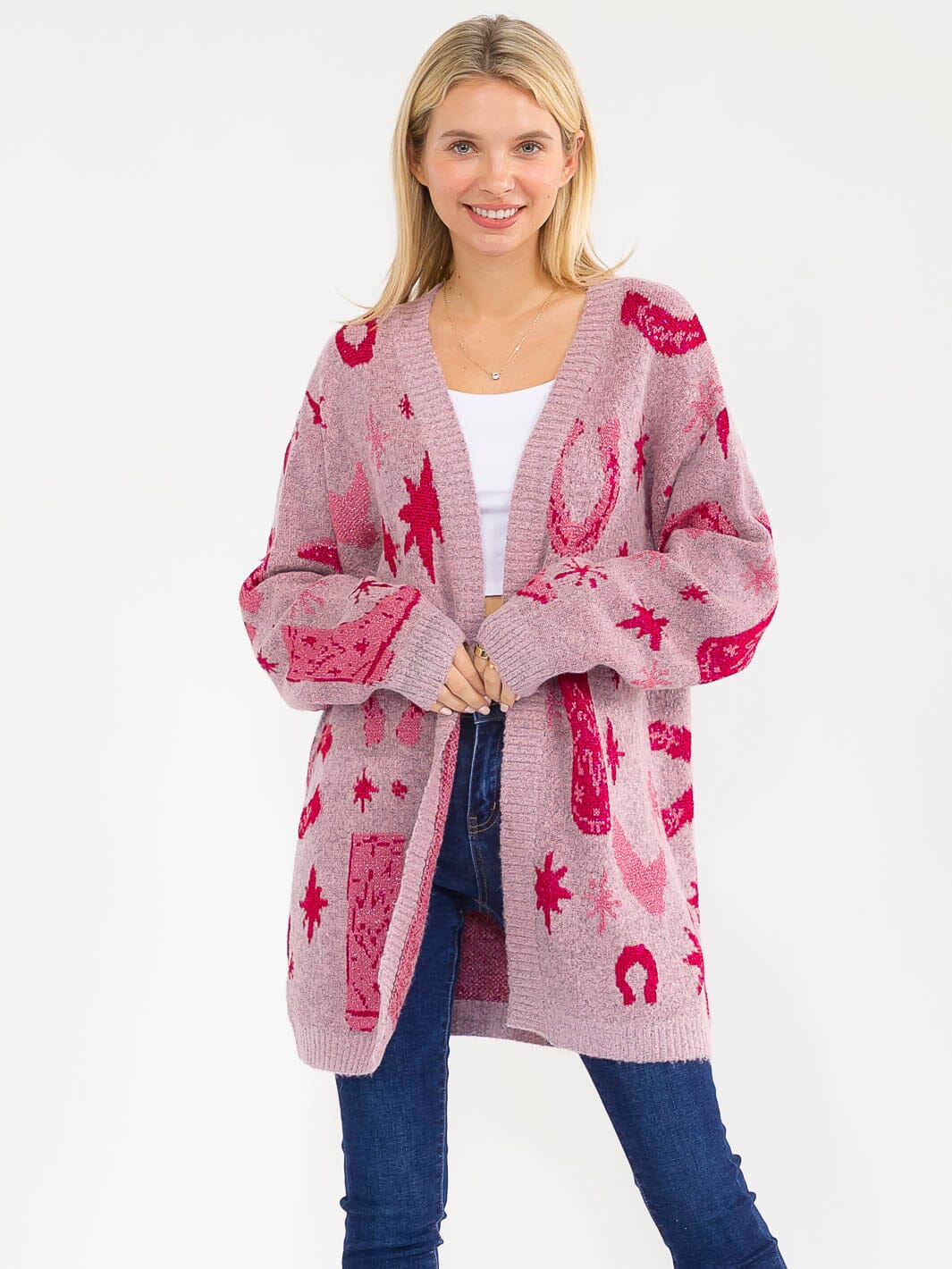 WOMEN'S LONG SLEEVE OPEN FRONT MULTI PRINT SHIMMER CARDIGAN