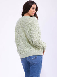 WOMEN'S LONG SLEEVE FUZZY DETAILED PULLOVER SWEATER