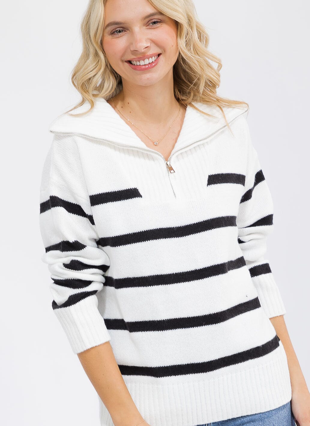 WOMEN'S LONG SLEEVE ZIP UP COLORBLOCK STRIPES PULLOVER SWEATER