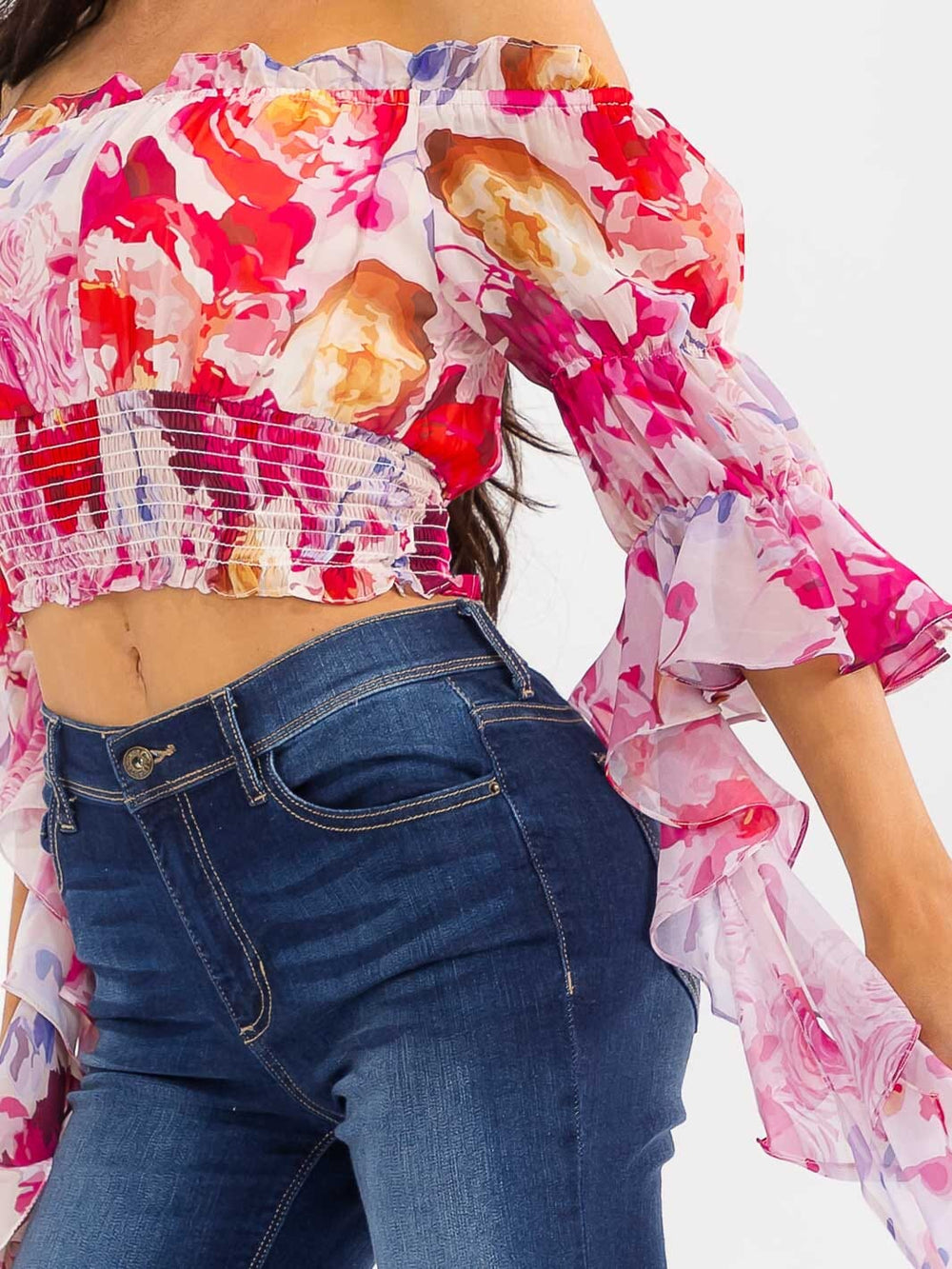 WOMEN'S OFF SHOULDER LONG BELL SLEEVE SMOCK WAIST FLORAL CROP TOP