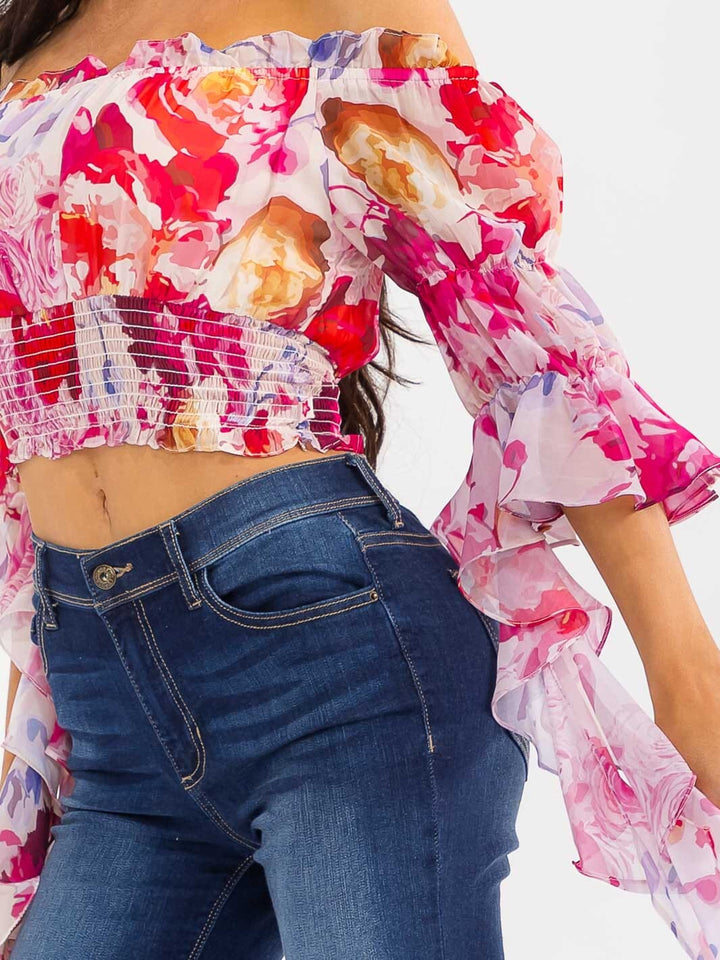 WOMEN'S OFF SHOULDER LONG BELL SLEEVE SMOCK WAIST FLORAL CROP TOP
