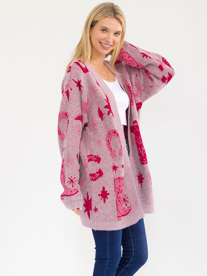 WOMEN'S LONG SLEEVE OPEN FRONT MULTI PRINT SHIMMER CARDIGAN