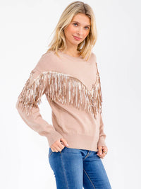 WOMEN'S LONG SLEEVE SEQUINS FRINGE PULLOVER SWEATER