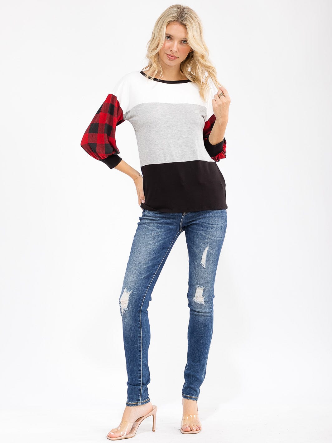 WOMEN'S 3/4 SLEEVE COLORBLOCK CONTRAST PLAID PRINT TOP