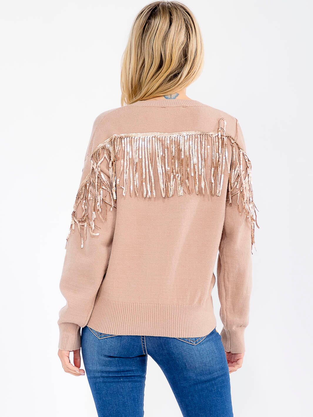 WOMEN'S LONG SLEEVE SEQUINS FRINGE PULLOVER SWEATER