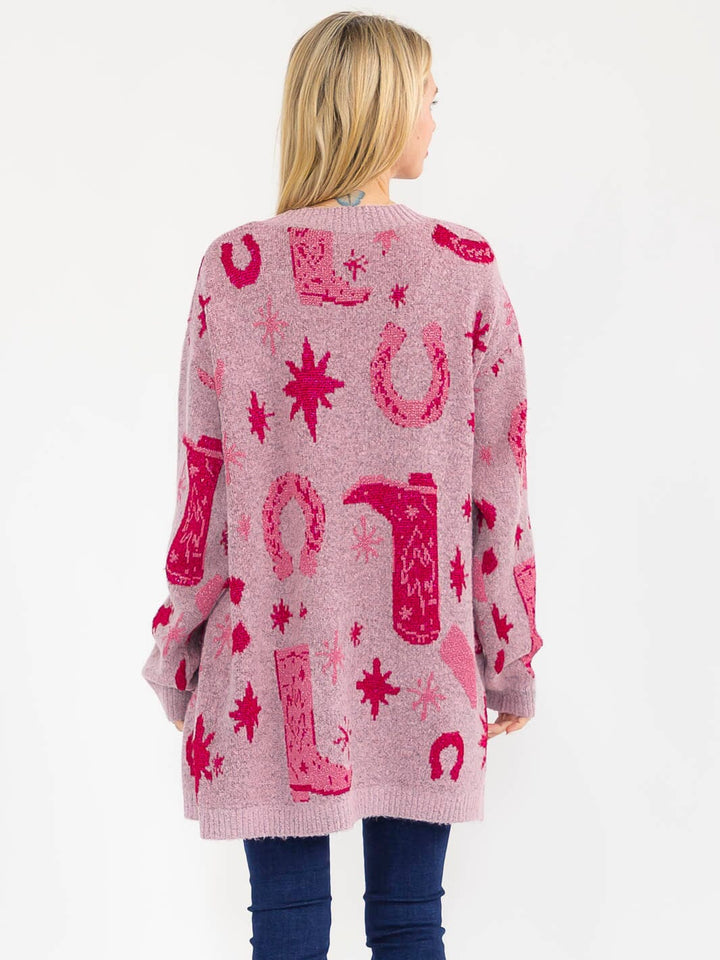 WOMEN'S LONG SLEEVE OPEN FRONT MULTI PRINT SHIMMER CARDIGAN