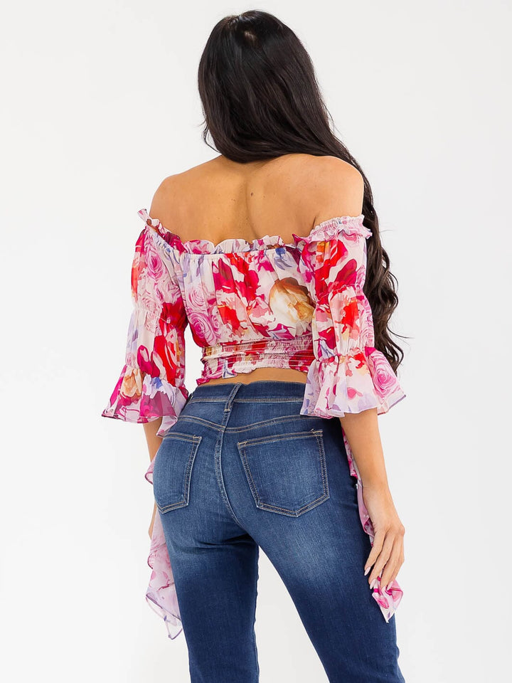 WOMEN'S OFF SHOULDER LONG BELL SLEEVE SMOCK WAIST FLORAL CROP TOP