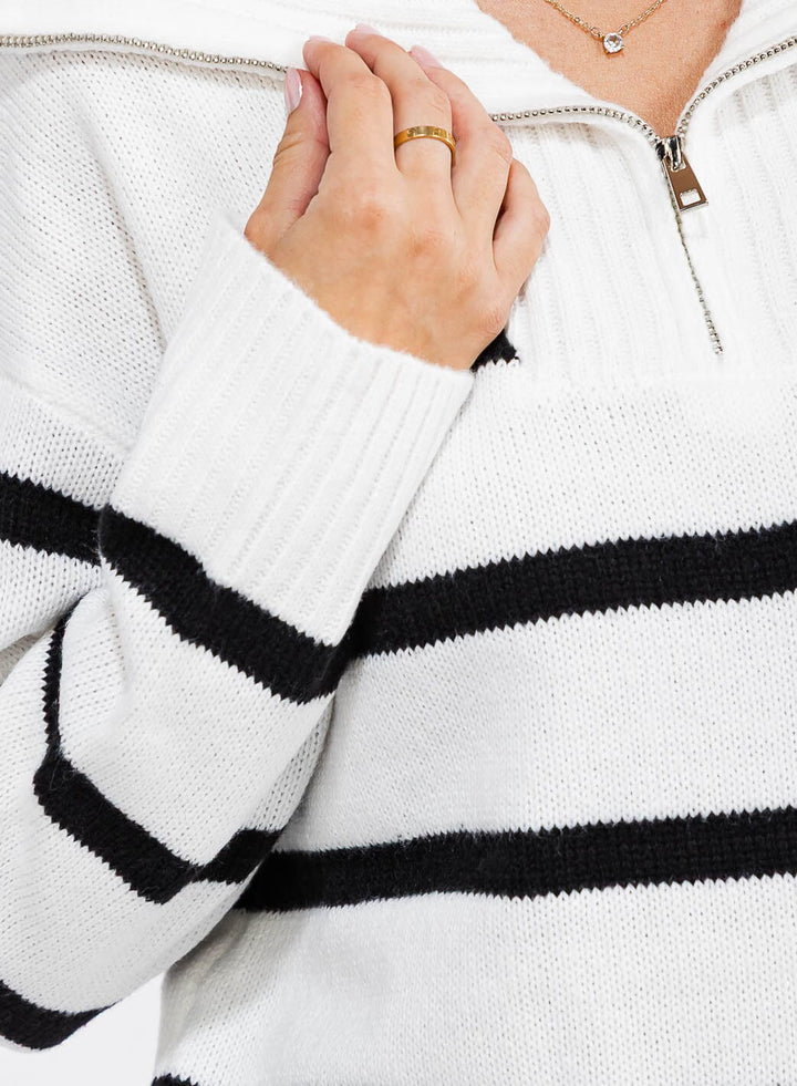 WOMEN'S LONG SLEEVE ZIP UP COLORBLOCK STRIPES PULLOVER SWEATER