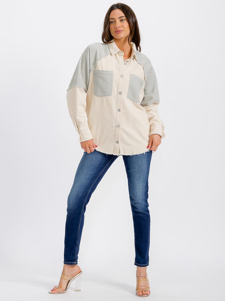 WOMEN'S LONG SLEEVE BUTTON CLOSURE FRONT POCKET HIGH-LOW GRAPHIC CORDUROY JACKET