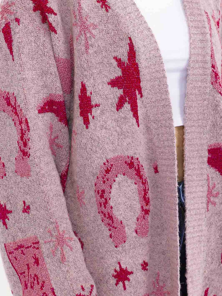 WOMEN'S LONG SLEEVE OPEN FRONT MULTI PRINT SHIMMER CARDIGAN