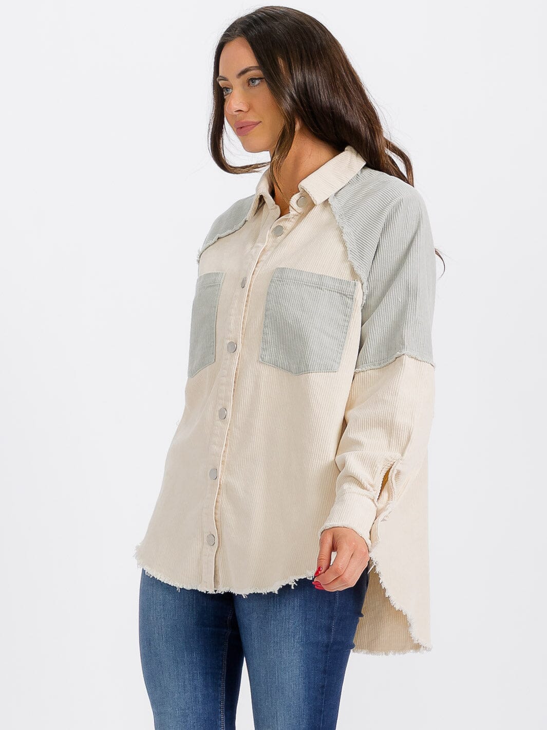 WOMEN'S LONG SLEEVE BUTTON CLOSURE FRONT POCKET HIGH-LOW GRAPHIC CORDUROY JACKET