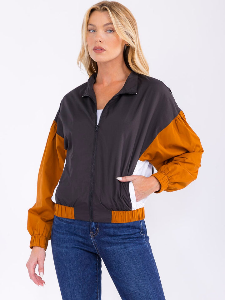 WOMEN'S LONG SLEEVE ZIPPER CLOSURE FRONT POCKETS COLORBLOCK LIGHTWEIGHT JACKET