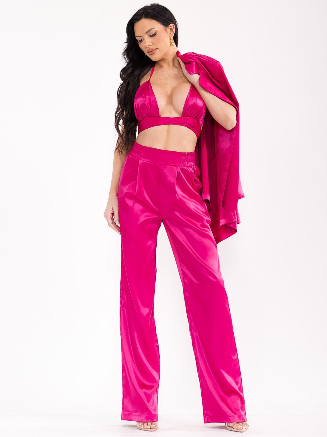 WOMEN'S LONG SLEEVE CARDIGAN WITH BRALETTE & ELASTIC WAIST PANTS SATIN 3PC. SET