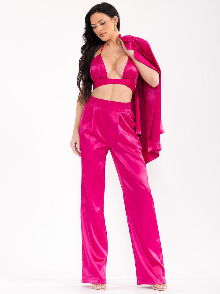 WOMEN'S LONG SLEEVE CARDIGAN WITH BRALETTE & ELASTIC WAIST PANTS SATIN 3PC. SET