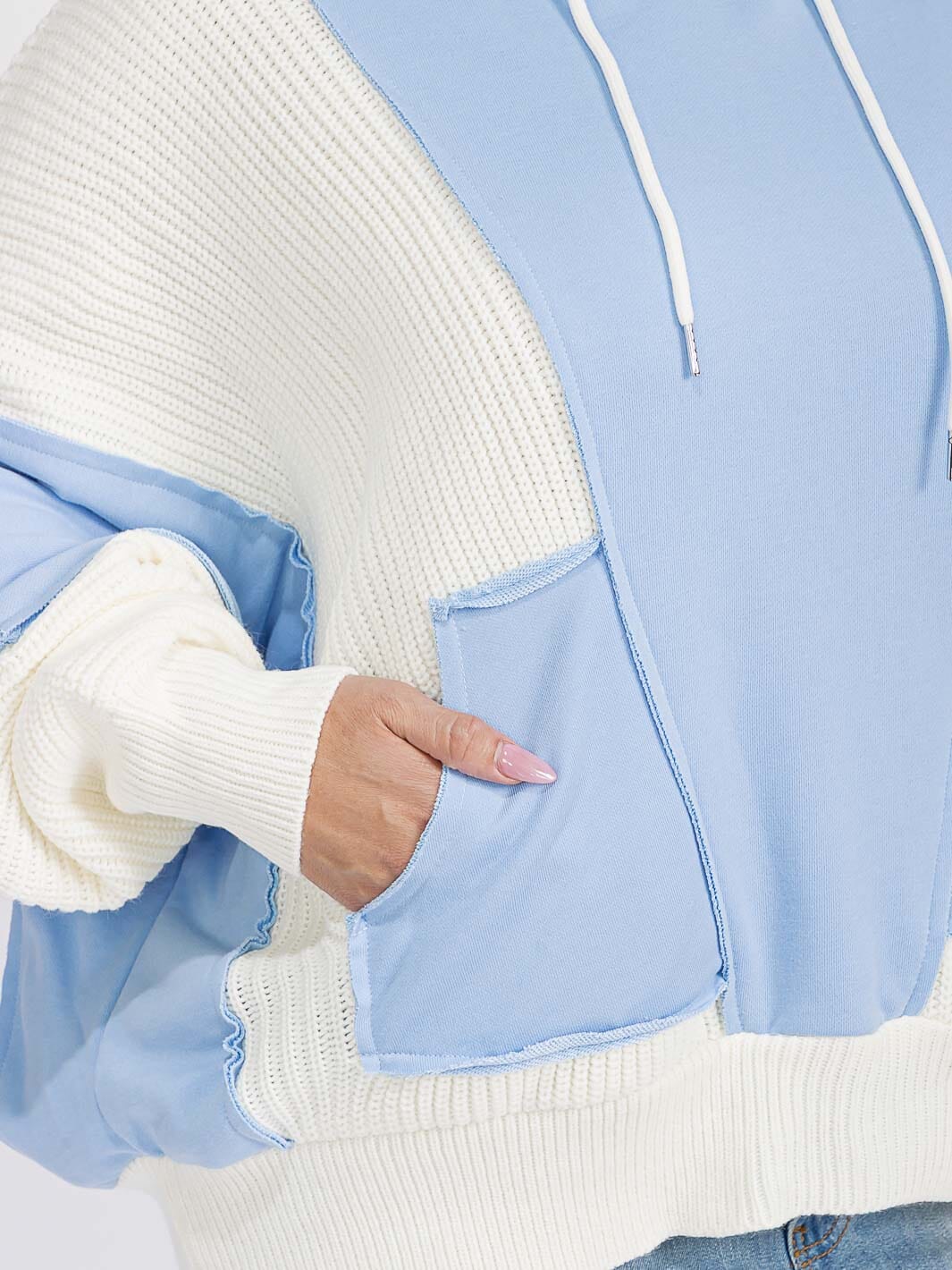 PLUS SIZE LONG SLEEVE FRONT POCKETS COLORBLOCK HOODED PULLOVER SWEATER