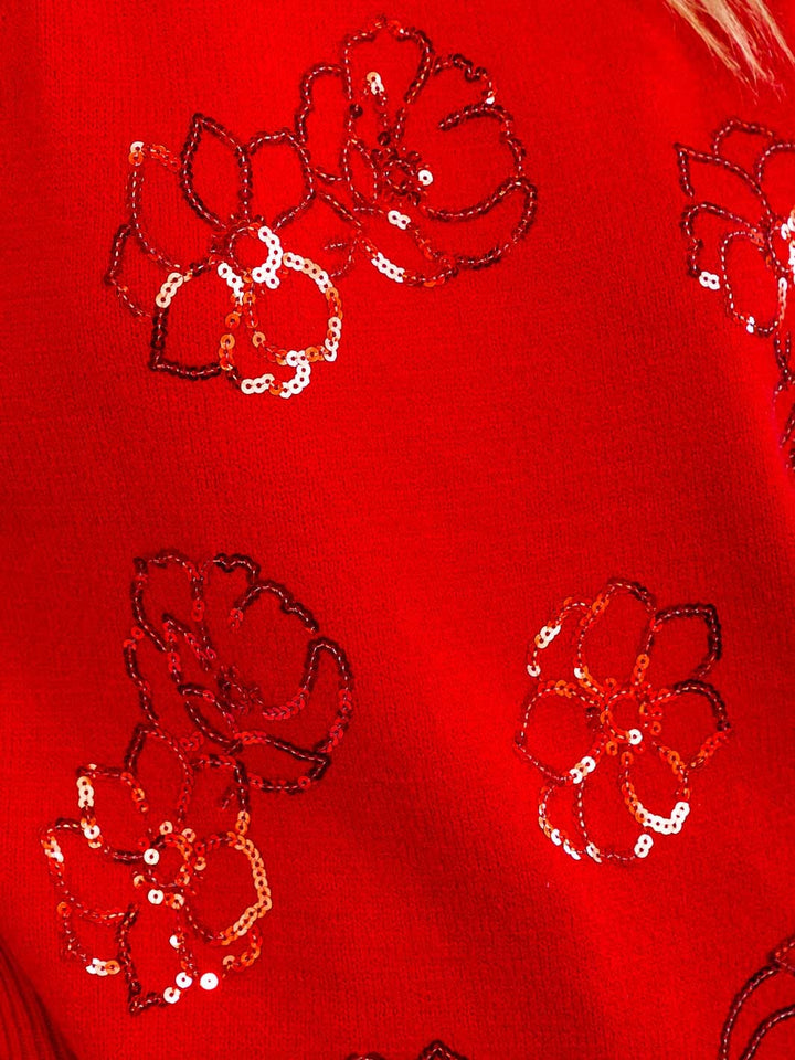 WOMEN'S LONG SLEEVE SEQUINS FLORAL PULLOVER SWEATER