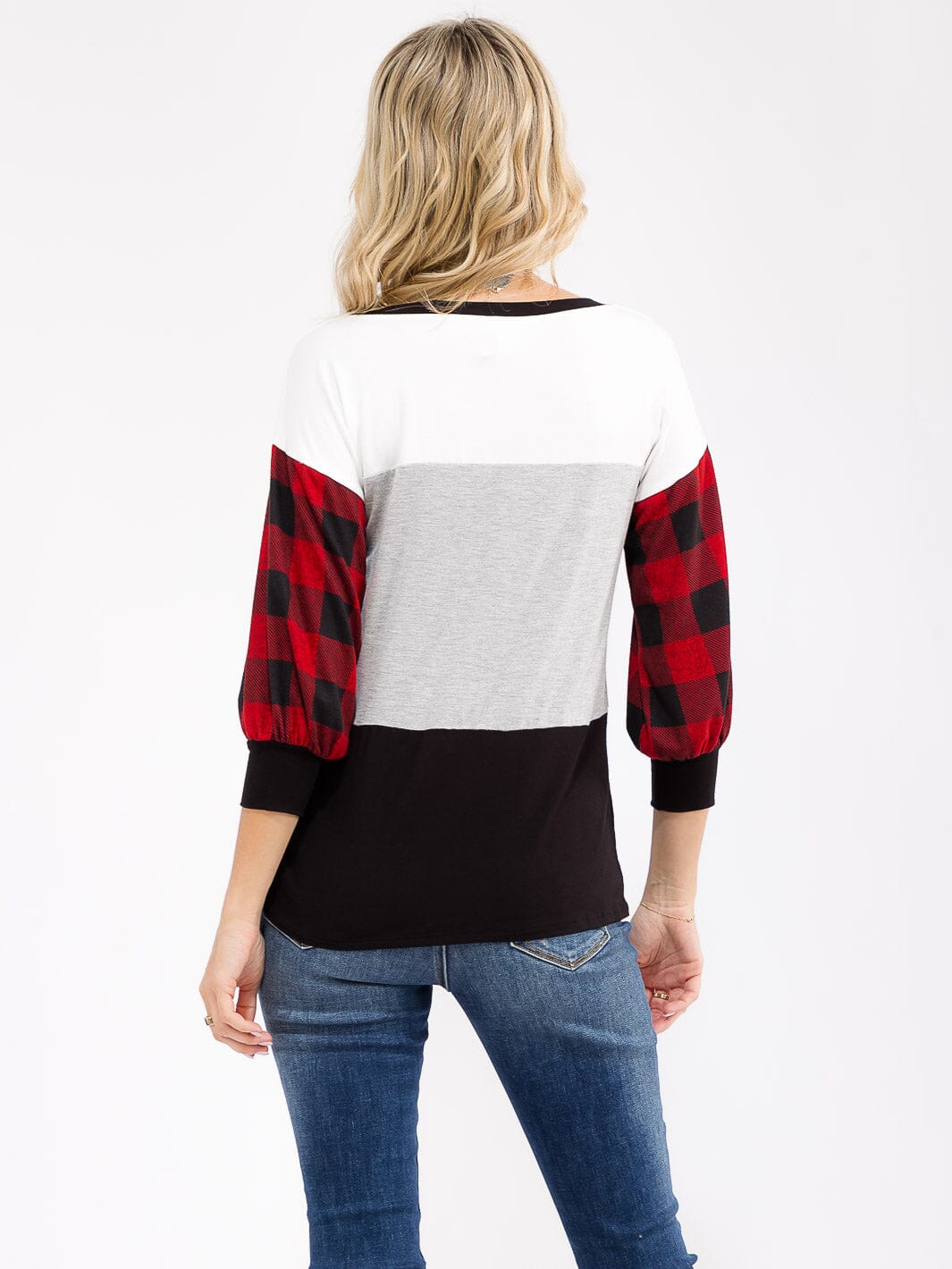 WOMEN'S 3/4 SLEEVE COLORBLOCK CONTRAST PLAID PRINT TOP