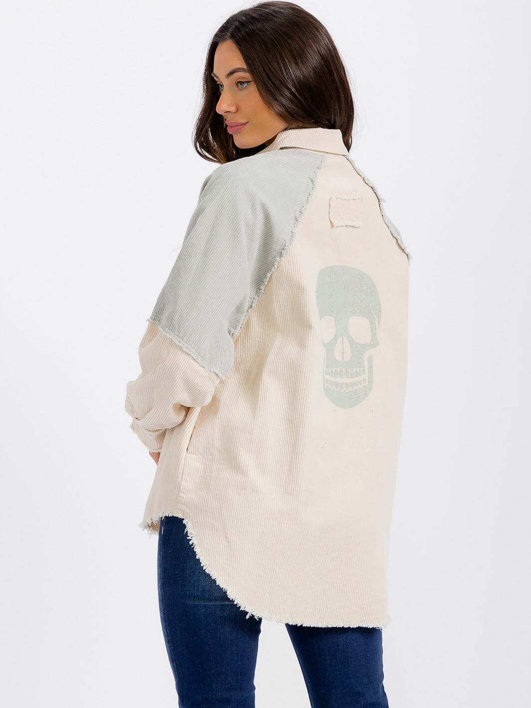 WOMEN'S LONG SLEEVE BUTTON CLOSURE FRONT POCKET HIGH-LOW GRAPHIC CORDUROY JACKET