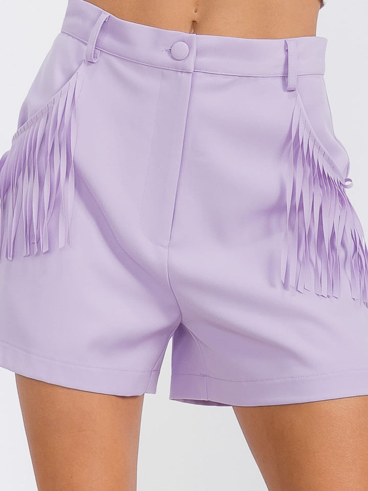 WOMEN'S BUTTON CLOSURE POCKETS FRINGE DETAILED MINI SHORT