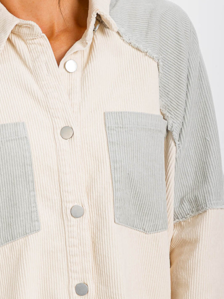 WOMEN'S LONG SLEEVE BUTTON CLOSURE FRONT POCKET HIGH-LOW GRAPHIC CORDUROY JACKET