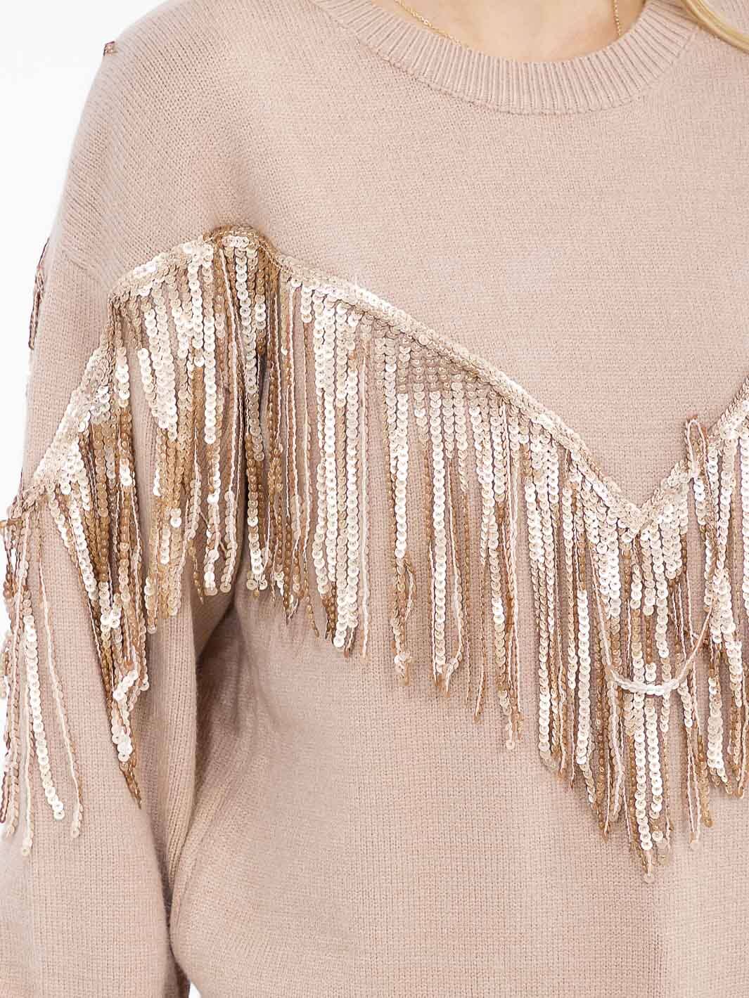 WOMEN'S LONG SLEEVE SEQUINS FRINGE PULLOVER SWEATER