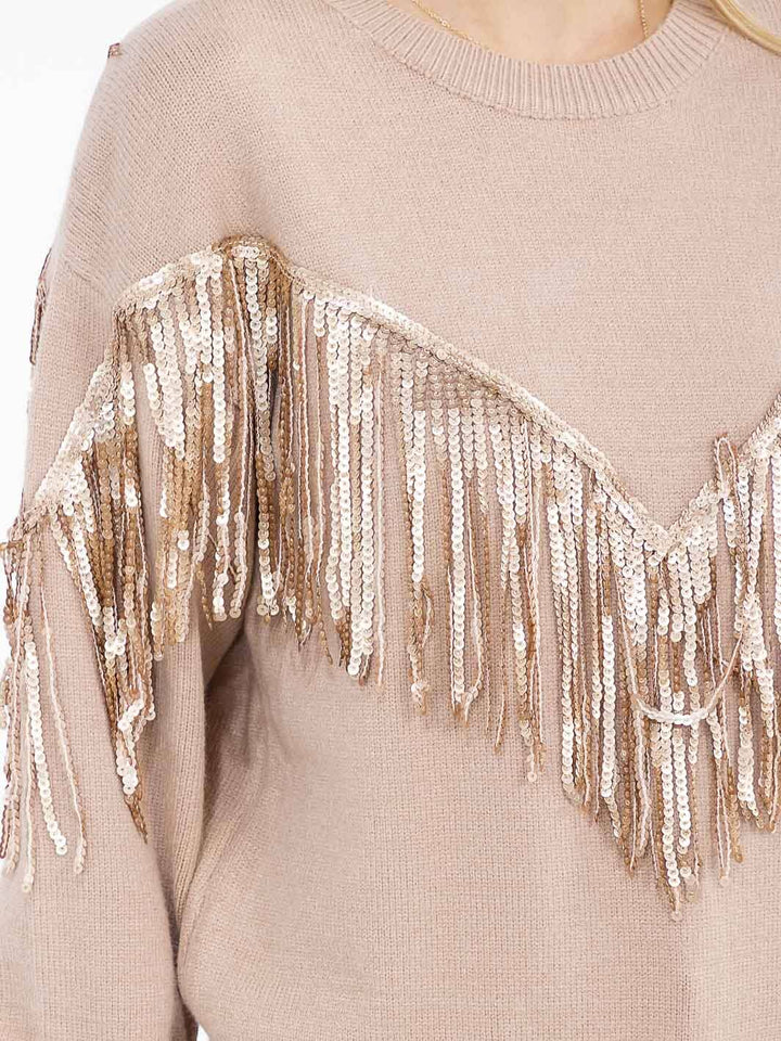 WOMEN'S LONG SLEEVE SEQUINS FRINGE PULLOVER SWEATER