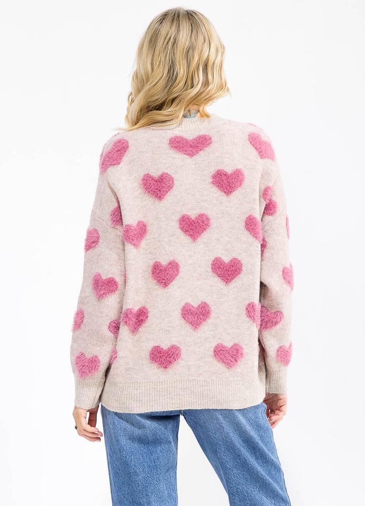 WOMEN'S LONG SLEEVE FUZZY HEARTS DETAILED PULLOVER SWEATER