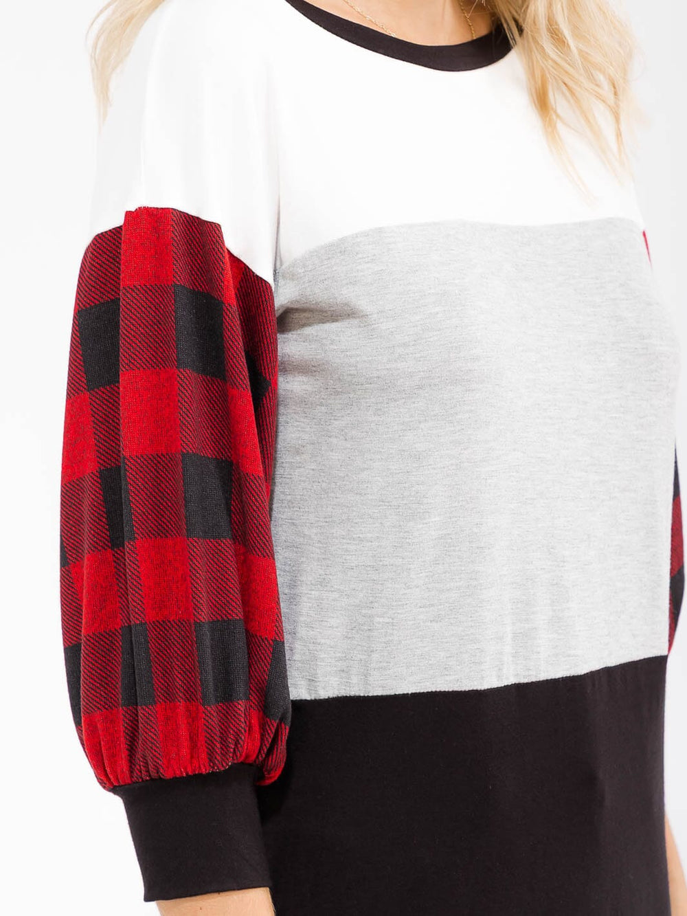 WOMEN'S 3/4 SLEEVE COLORBLOCK CONTRAST PLAID PRINT TOP