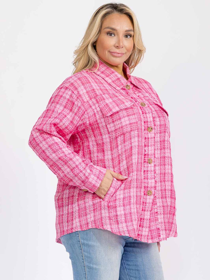 PLUS SIZE LONG SLEEVE BUTTON CLOSURE FRONT POCKETS TWEED SHACKET