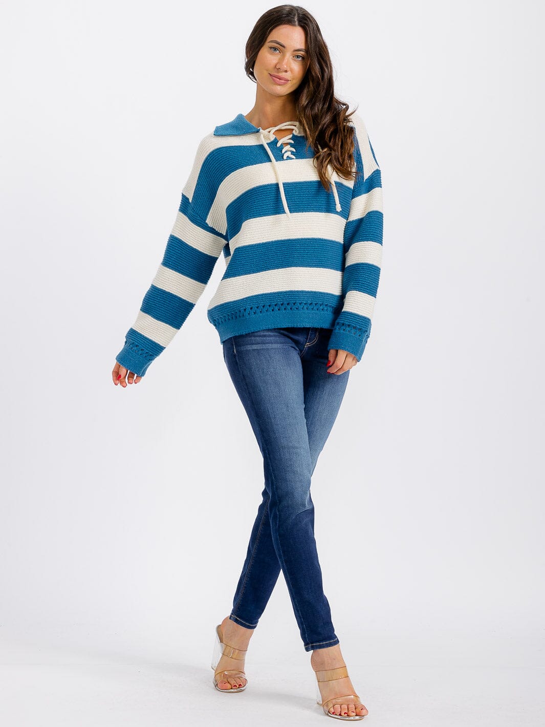 WOMEN'S LONG SLEEVE COLORBLOCK STRIPES PULLOVER SWEATER