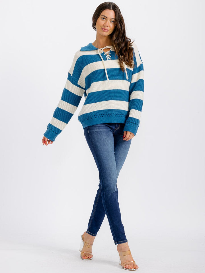 WOMEN'S LONG SLEEVE COLORBLOCK STRIPES PULLOVER SWEATER
