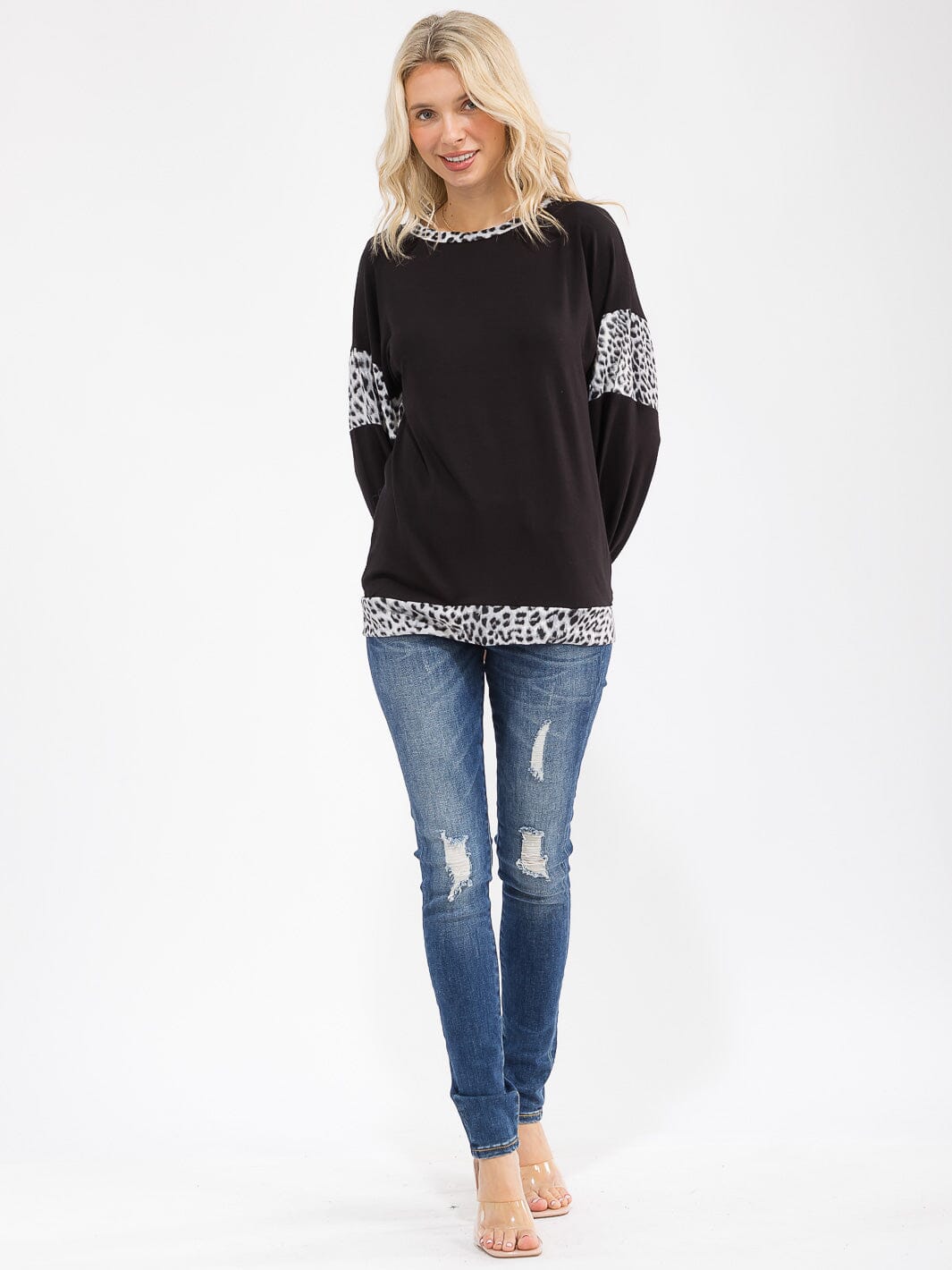 WOMEN'S LONG SLEEVE ANIMAL PRINT CONTRAST TOP