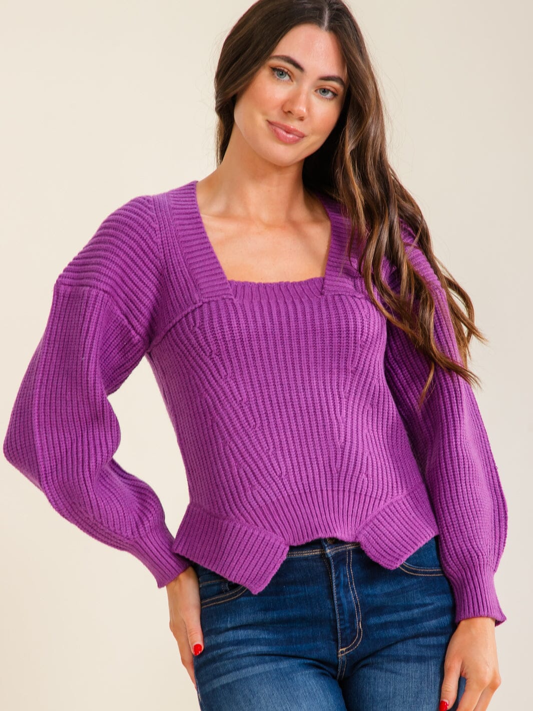 ENTRO WOMEN'S LONG SLEEVE SQUARE NECK KNIT PULLOVER SWEATER
