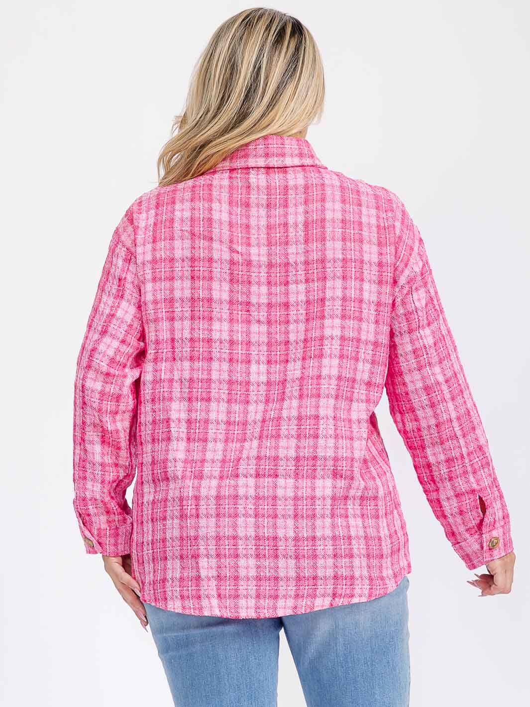 PLUS SIZE LONG SLEEVE BUTTON CLOSURE FRONT POCKETS TWEED SHACKET