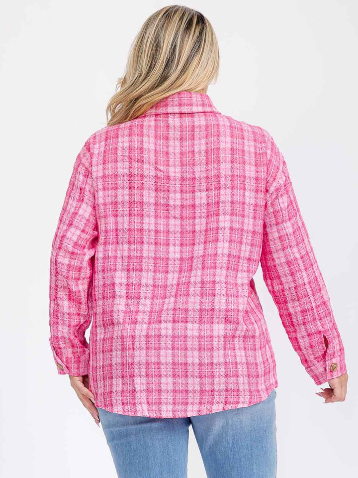 PLUS SIZE LONG SLEEVE BUTTON CLOSURE FRONT POCKETS TWEED SHACKET