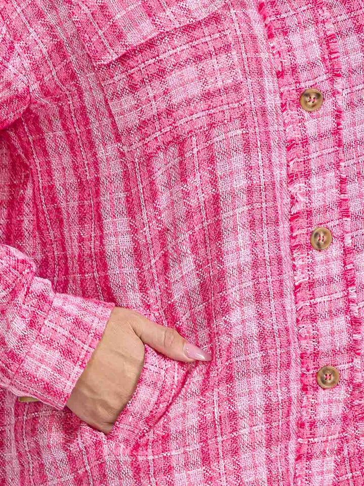 PLUS SIZE LONG SLEEVE BUTTON CLOSURE FRONT POCKETS TWEED SHACKET