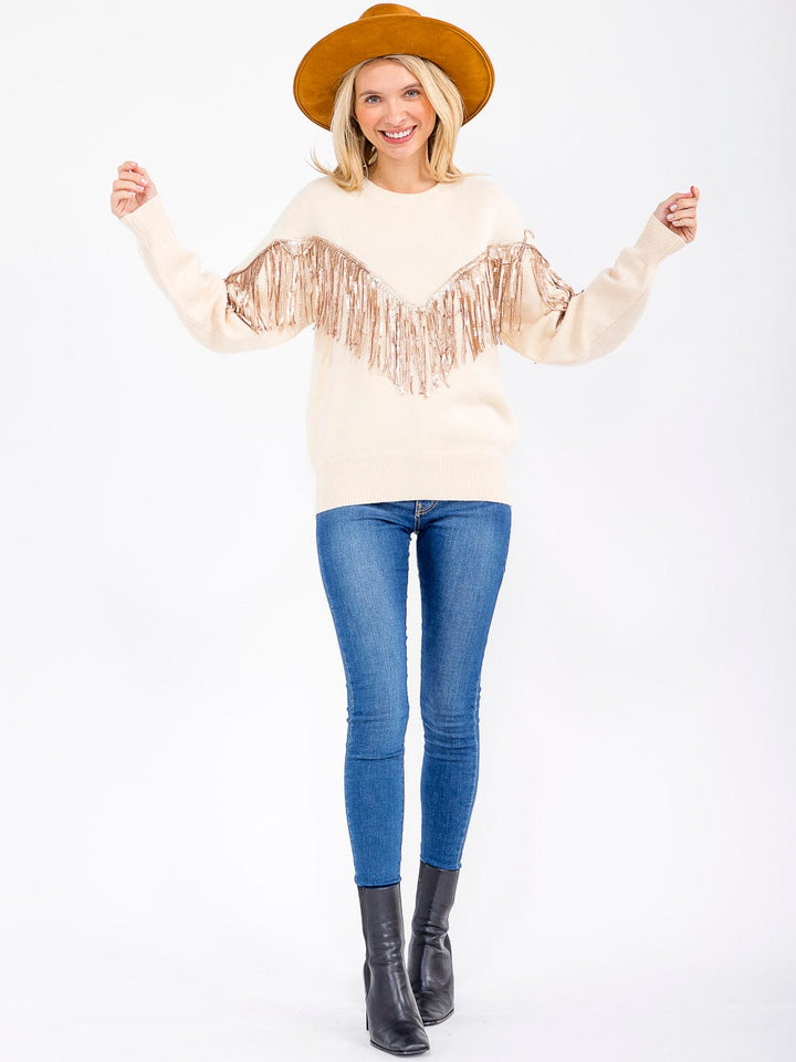 WOMEN'S LONG SLEEVE SEQUINS FRINGE PULLOVER SWEATER