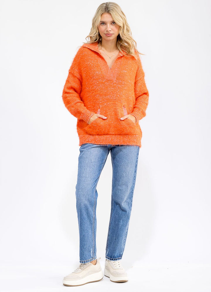 WOMEN'S LONG SLEEVE V-NECK FRONT POCKET PULLOVER SWEATER