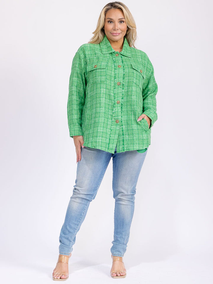 PLUS SIZE LONG SLEEVE BUTTON CLOSURE FRONT POCKETS TWEED SHACKET