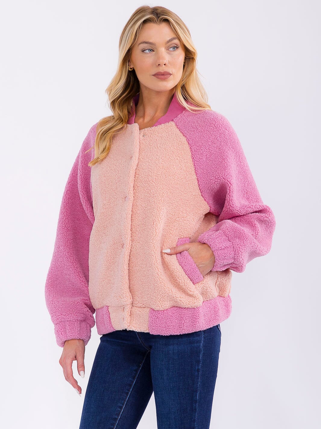 WOMEN'S LONG SLEEVE BUTTON CLOSURE FRONT POCKETS COLORBLOCK JACKET