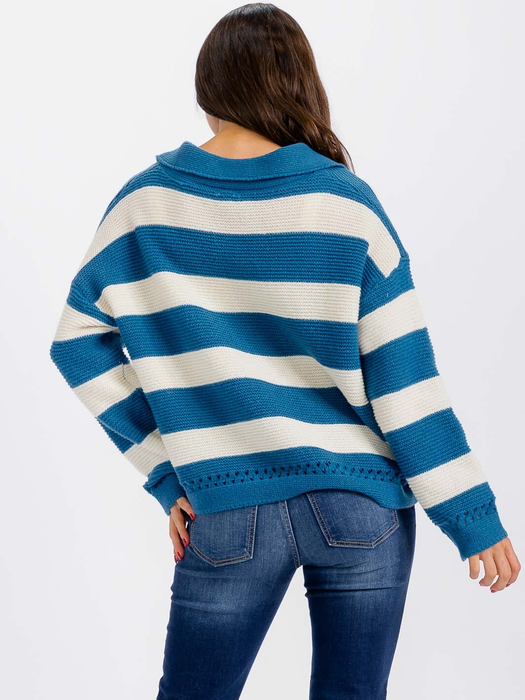 WOMEN'S LONG SLEEVE COLORBLOCK STRIPES PULLOVER SWEATER