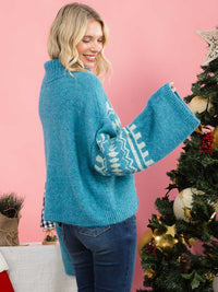 WOMEN'S LONG SLEEVE COLORBLOCK TURTLE NECK PRINT PULLOVER SWEATER