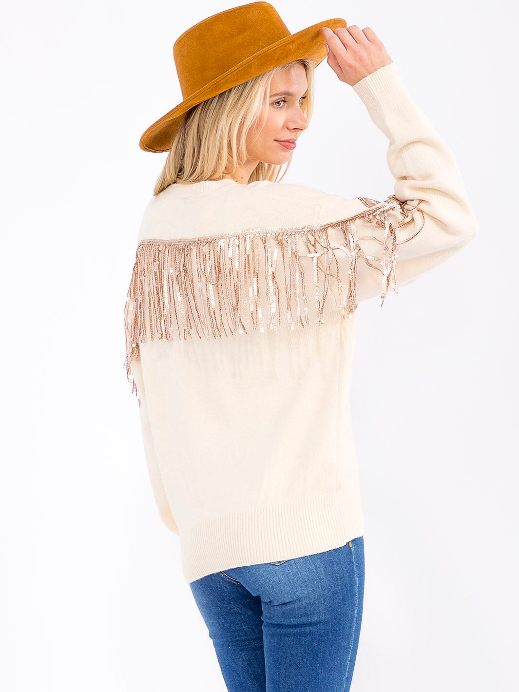 WOMEN'S LONG SLEEVE SEQUINS FRINGE PULLOVER SWEATER