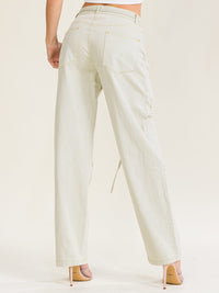 WOMEN'S BUTTON CLOSURE POCKETS WIDE LEG WASHED DISTRESS DENIM PANTS