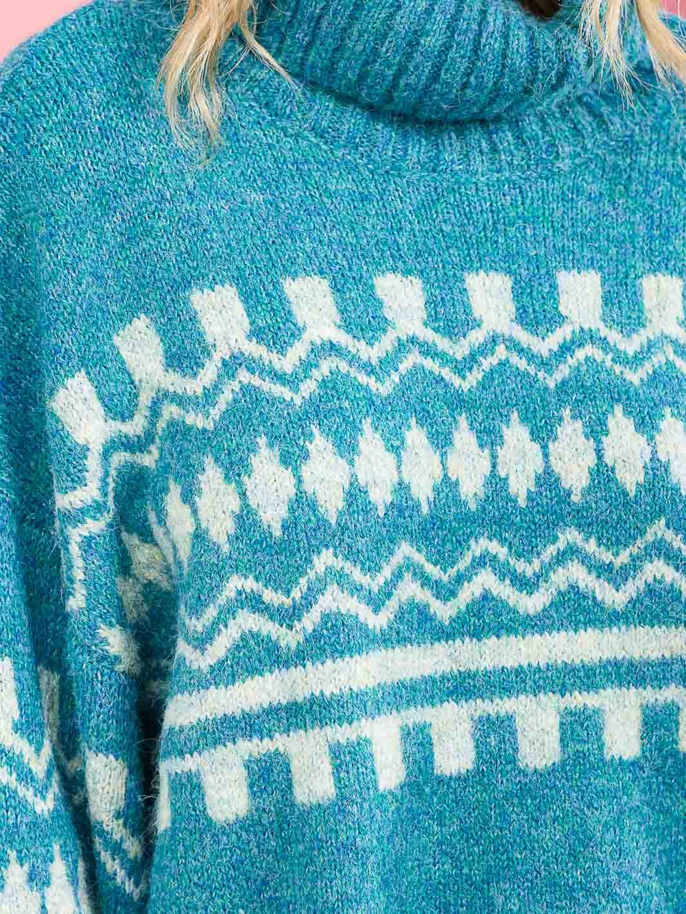 WOMEN'S LONG SLEEVE COLORBLOCK TURTLE NECK PRINT PULLOVER SWEATER