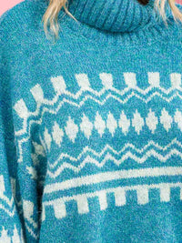 WOMEN'S LONG SLEEVE COLORBLOCK TURTLE NECK PRINT PULLOVER SWEATER