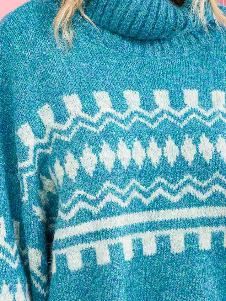 WOMEN'S LONG SLEEVE COLORBLOCK TURTLE NECK PRINT PULLOVER SWEATER