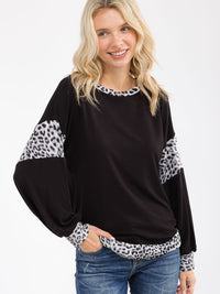 WOMEN'S LONG SLEEVE ANIMAL PRINT CONTRAST TOP