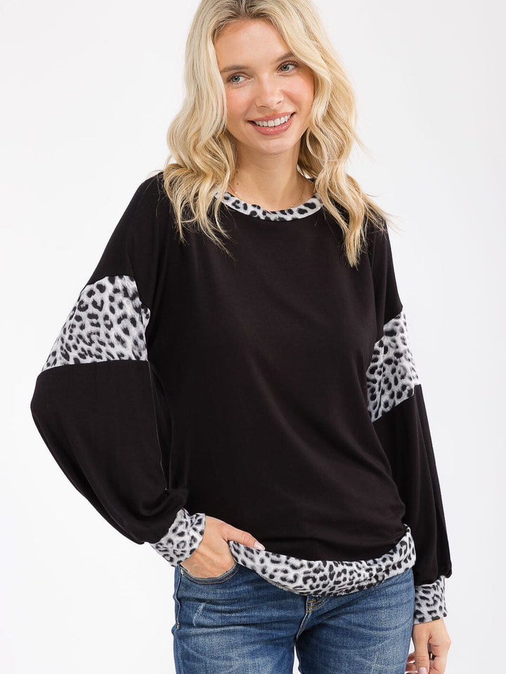 WOMEN'S LONG SLEEVE ANIMAL PRINT CONTRAST TOP